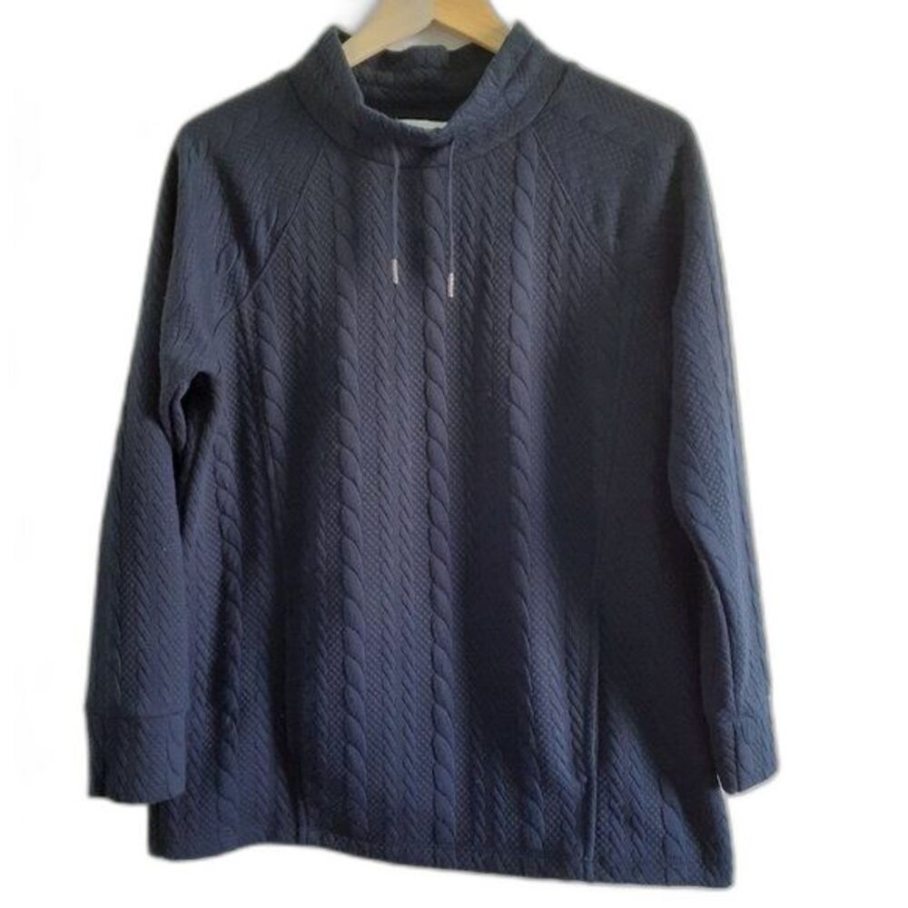 VTG. Liz Claiborne Navy Drawstring Kangaroo Pocket Cable Mockneck Sweater M - Picture 1 of 11